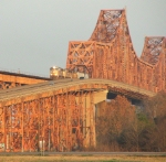 Westbound UP grain train on Mississippi River bridge